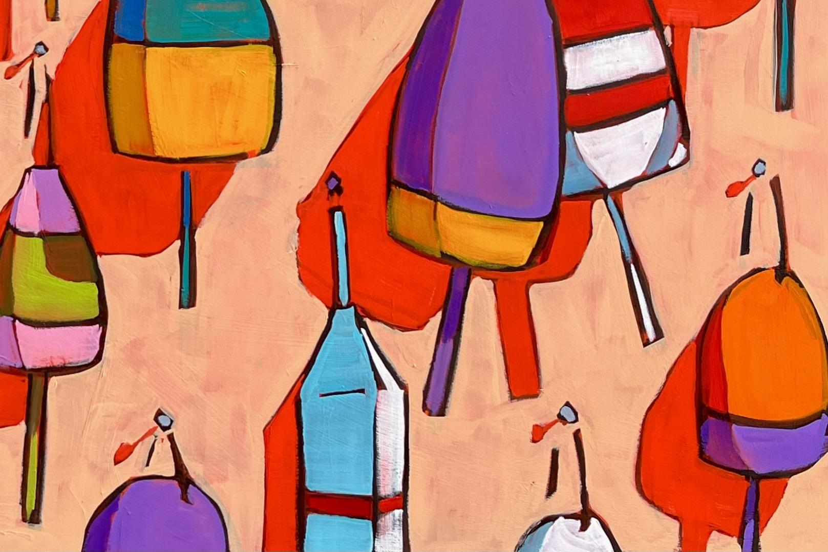Mid-Century Modern Buoys by James Mattison, 36x48, Oil on Wood Canvas, 2024 For Sale