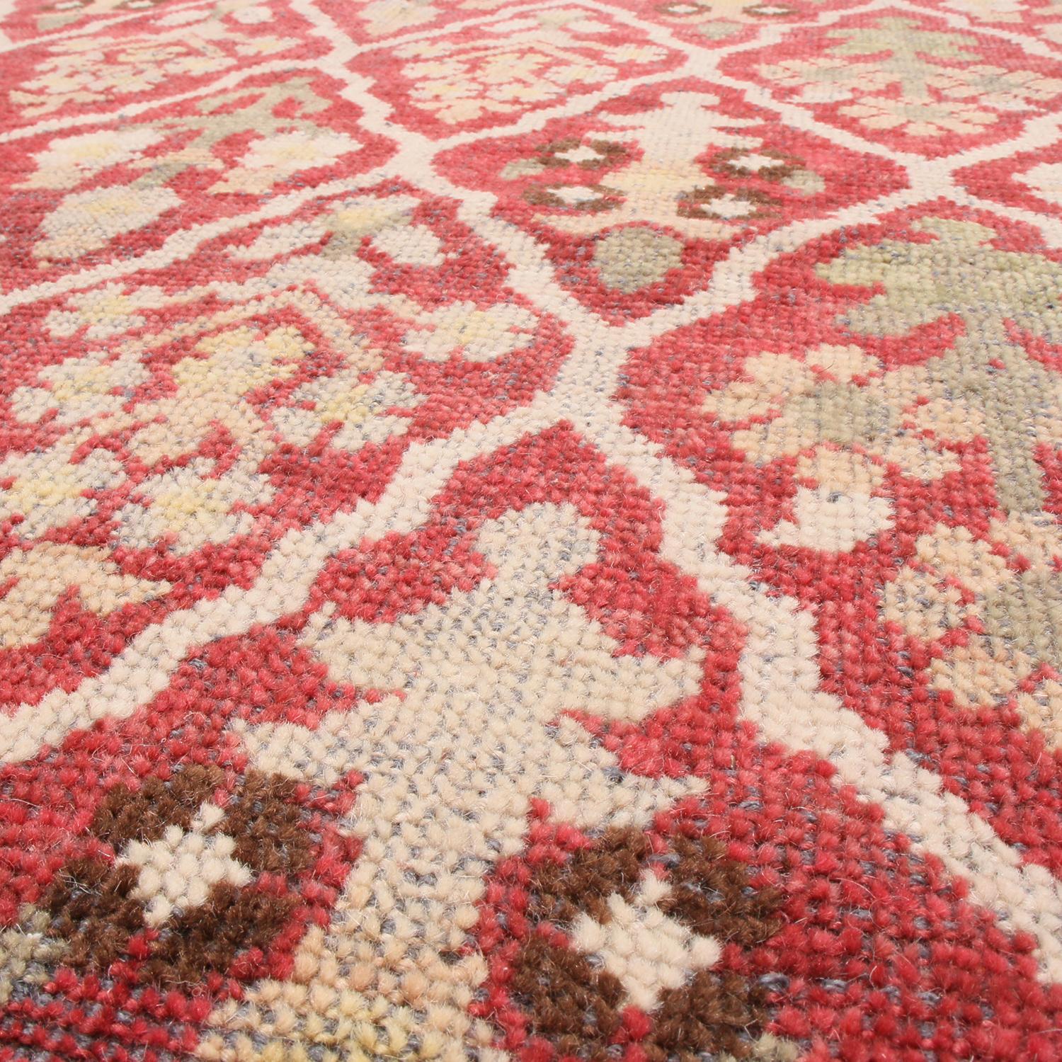 Rustic Burano Beige and Burgundy Red Wool Rug with Green Accents