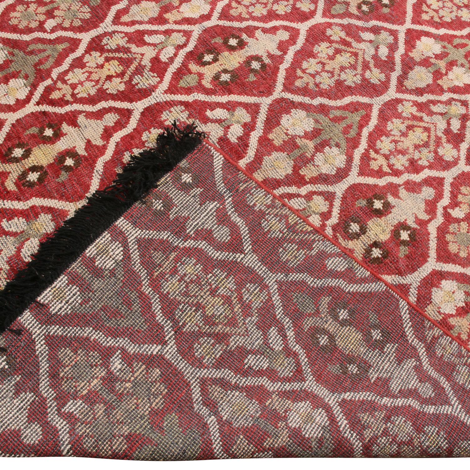 Hand-Knotted Burano Beige and Burgundy Red Wool Rug with Green Accents For Sale