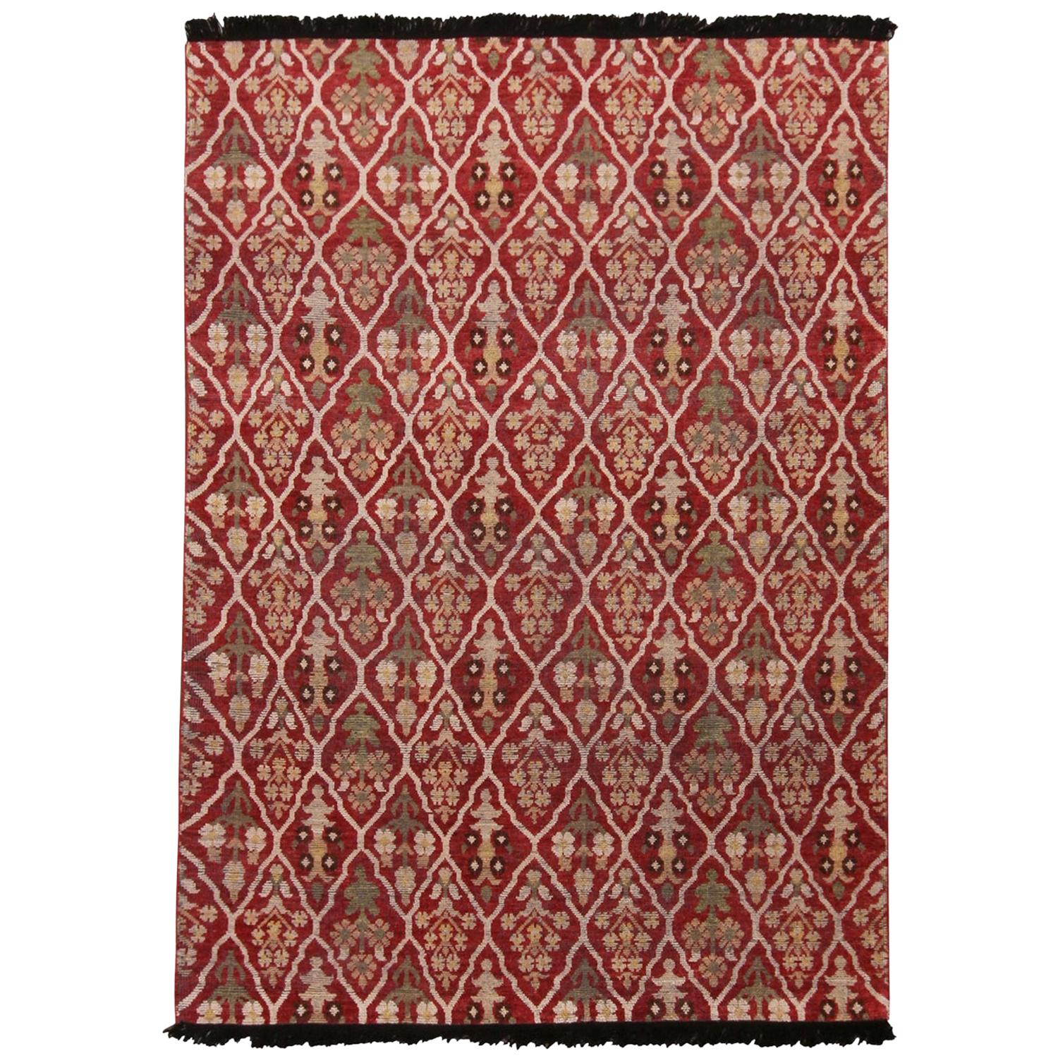 Burano Beige and Burgundy Red Wool Rug with Green Accents