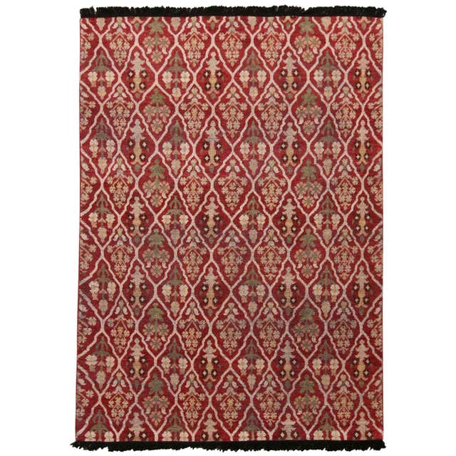 Beige and Red Wool and Silk Abstract Rug with Light Pink Accent Color ...