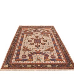 Rug & Kilim's Burano Beige and Burgundy Wool Prayer Rug with Blue Accents