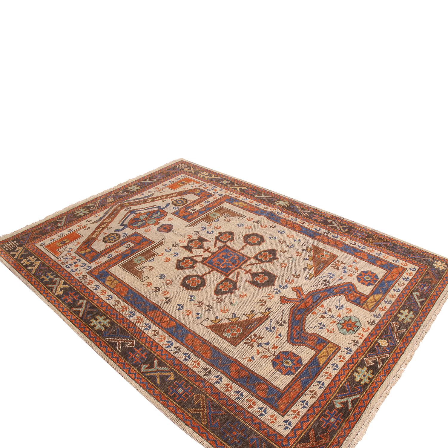 Indian Rug & Kilim's Burano Beige and Burgundy Wool Prayer Rug with Blue Accents For Sale