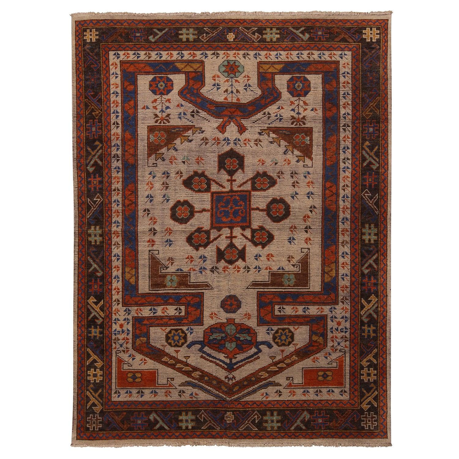 Rug & Kilim's Burano Beige and Burgundy Wool Prayer Rug with Blue Accents For Sale