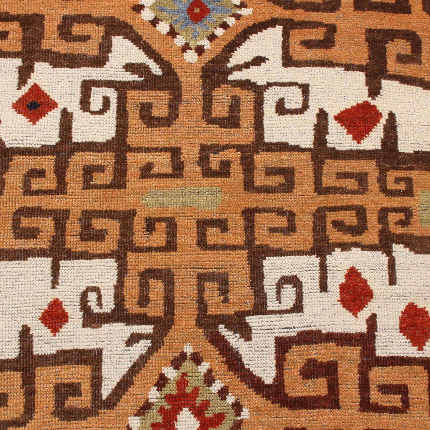 Indian Burano Beige and Gold Wool Rug with Blue Accents