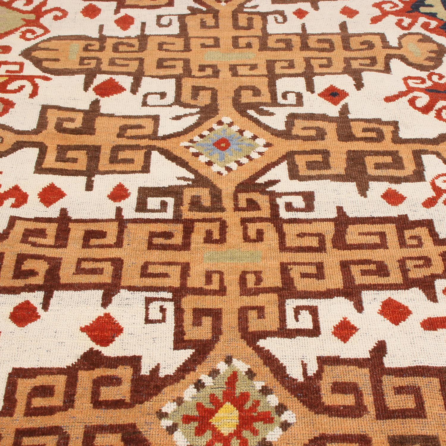 Hand-Knotted Burano Beige and Gold Wool Rug with Blue Accents