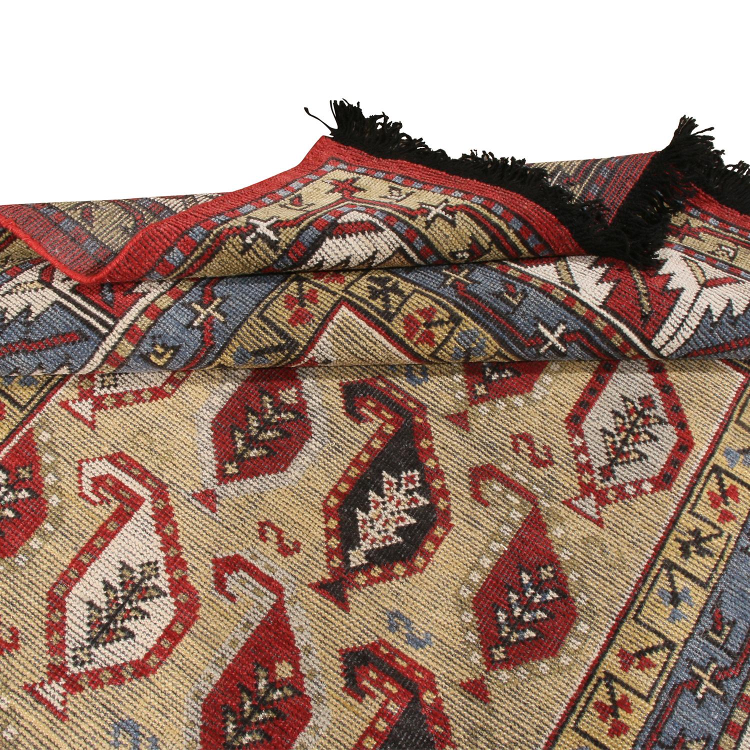 Modern Burano Beige Gold and Red Wool Rug with Boteh Patterns and Blue Accents