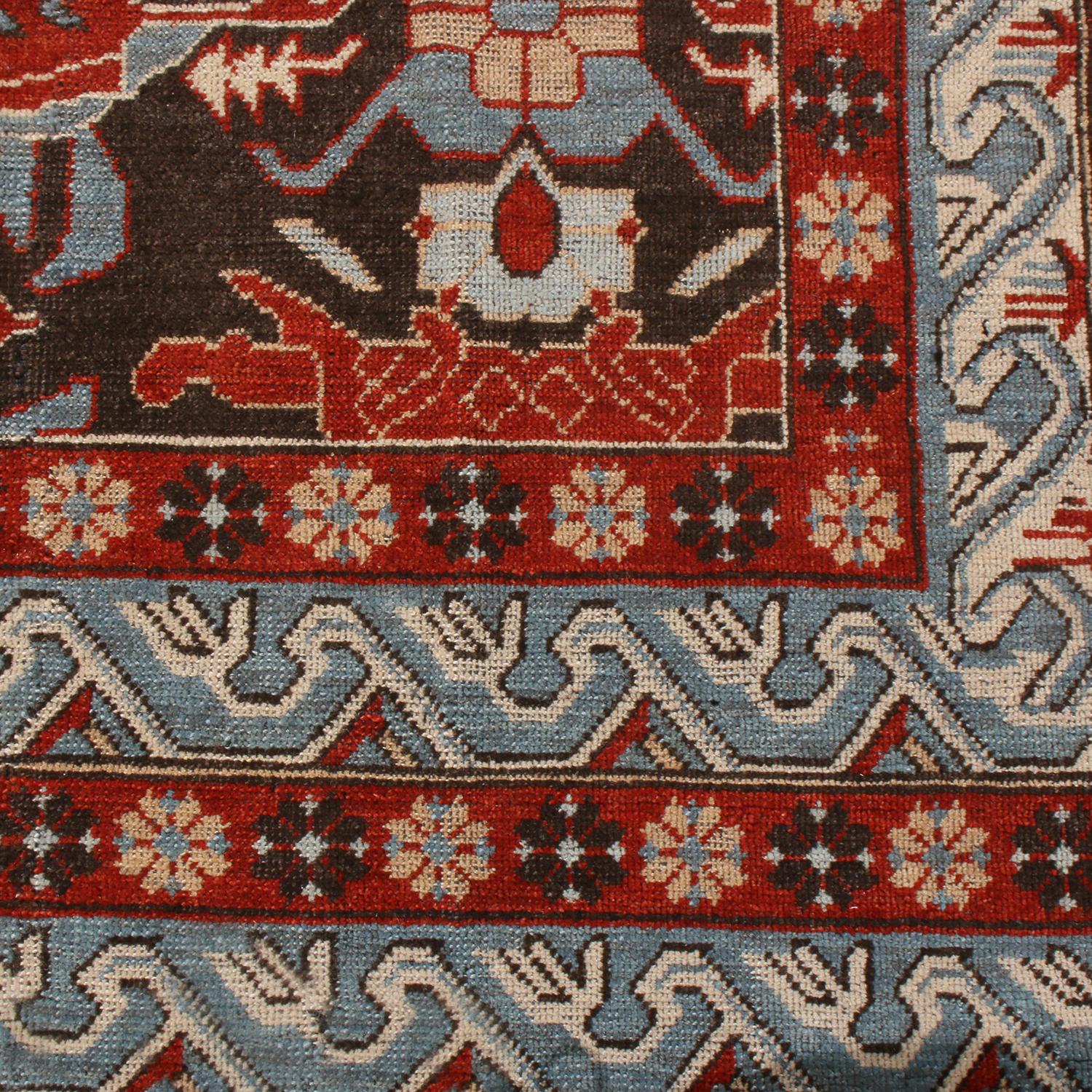 Indian Burano Blue and Burgundy Wool Rug