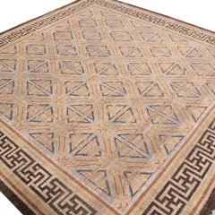 Burano Brown and Blue Wool Square Rug with Bold Black Border