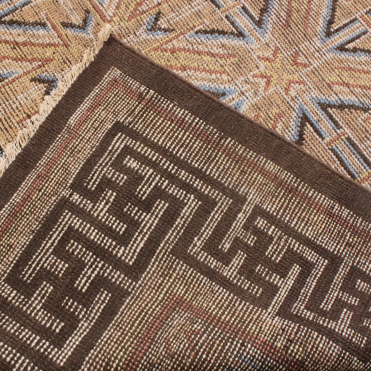 Contemporary Burano Brown and Blue Wool Square Rug with Bold Black Border