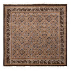 Burano Brown and Blue Wool Square Rug with Bold Black Border