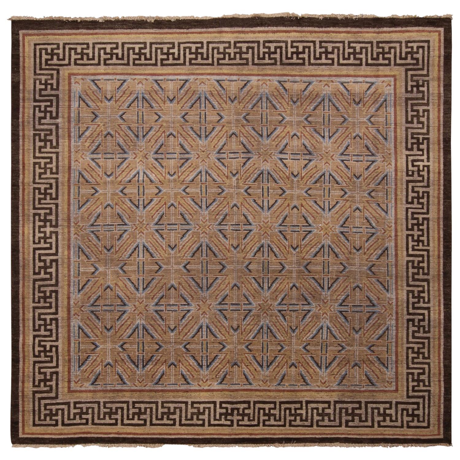 Rug & Kilim's Burano Brown and Blue Wool Square Rug with Bold Black Border For Sale