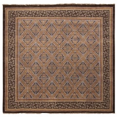 Tapis carré en laine marron et bleu Burano de Kilim avec bordure noire audacieuse