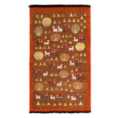 Scandinavian Folk Art Inspired Brown and Red Pictorial Rug by Rug & Kilim