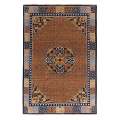 Burano Brown Golden-Yellow and Blue Wool Rug with Peking Patterns