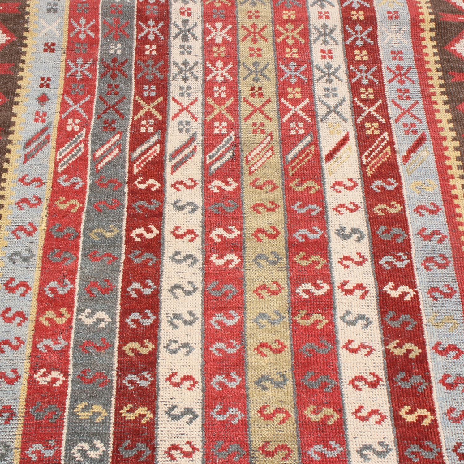 Indian Burano Burgundy Red and Blue Wool Runner Rug with Antique Hook Motifs