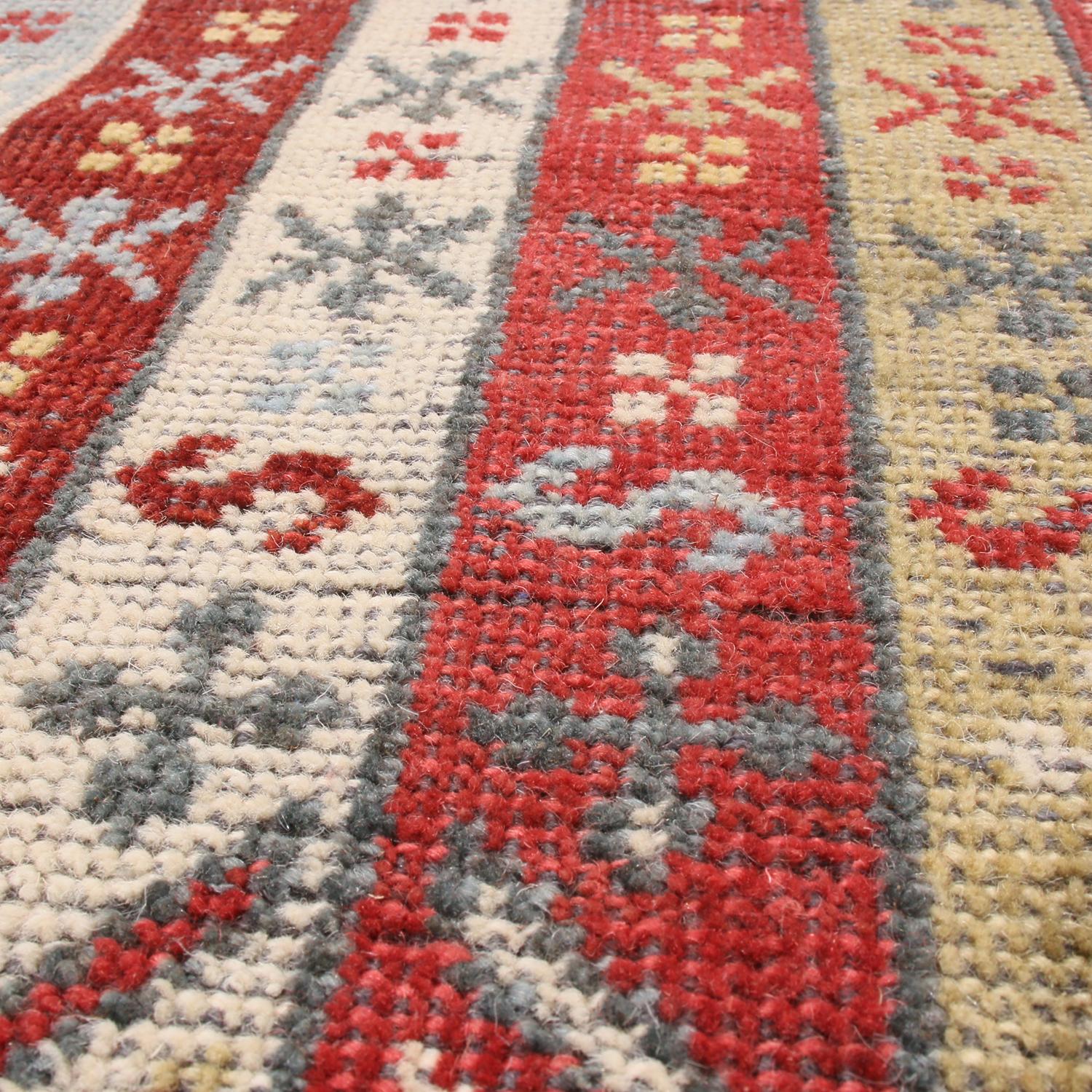 Hand-Knotted Burano Burgundy Red and Blue Wool Runner Rug with Antique Hook Motifs