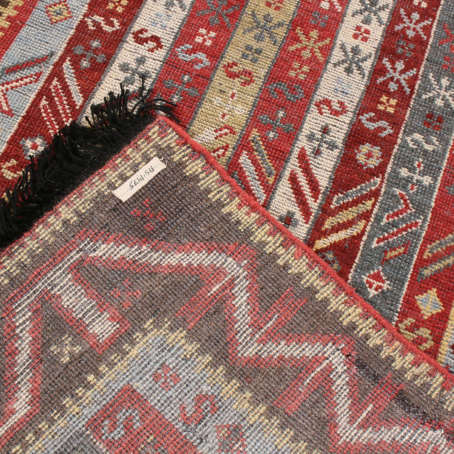 Burano Burgundy Red and Blue Wool Runner Rug with Antique Hook Motifs In New Condition In Long Island City, NY