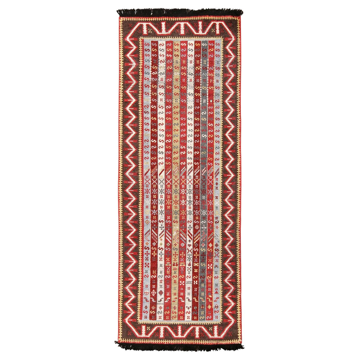 Burano Burgundy Red and Blue Wool Runner Rug with Antique Hook Motifs