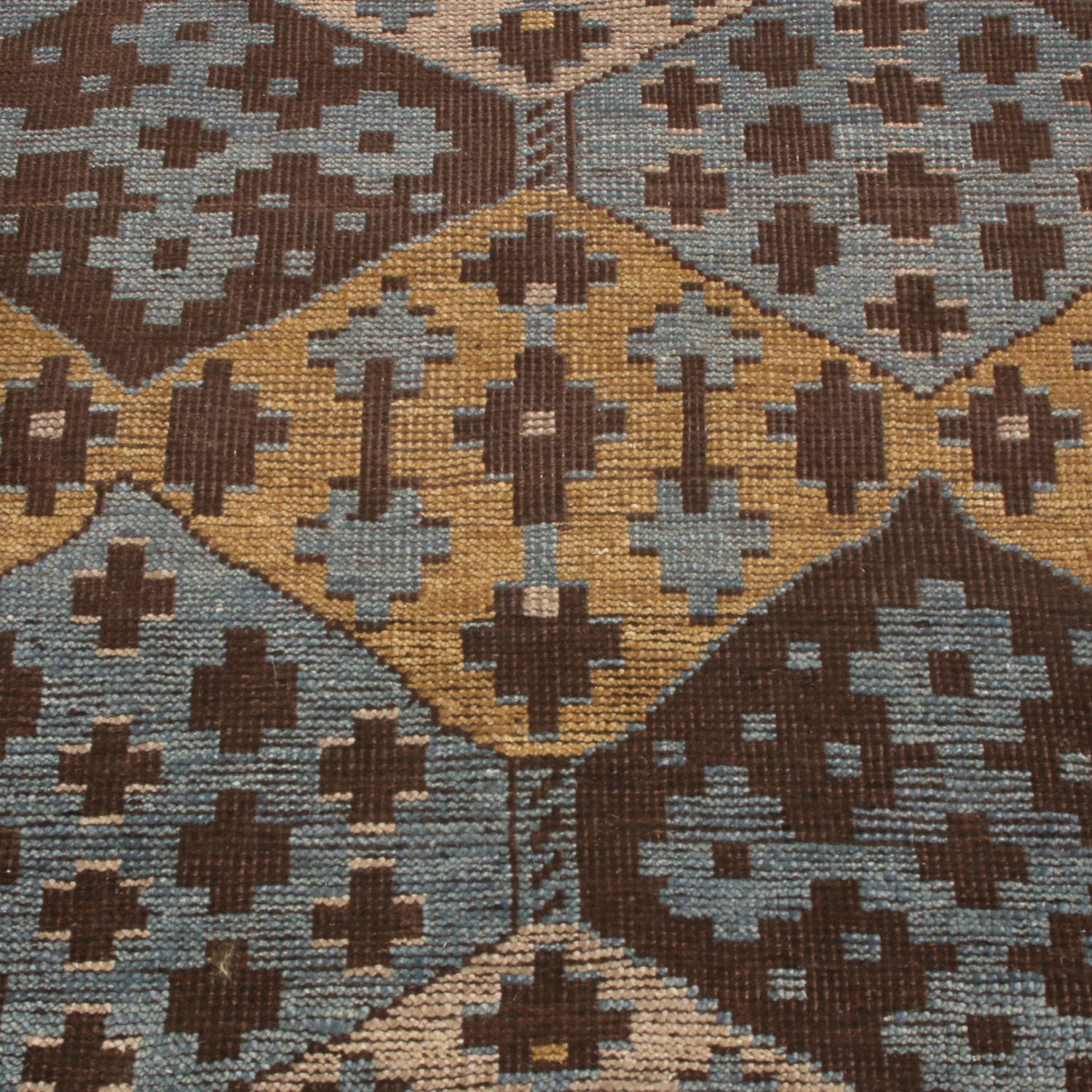 Indian Burano Geometric Brown Beige Gold and Blue Wool Rug