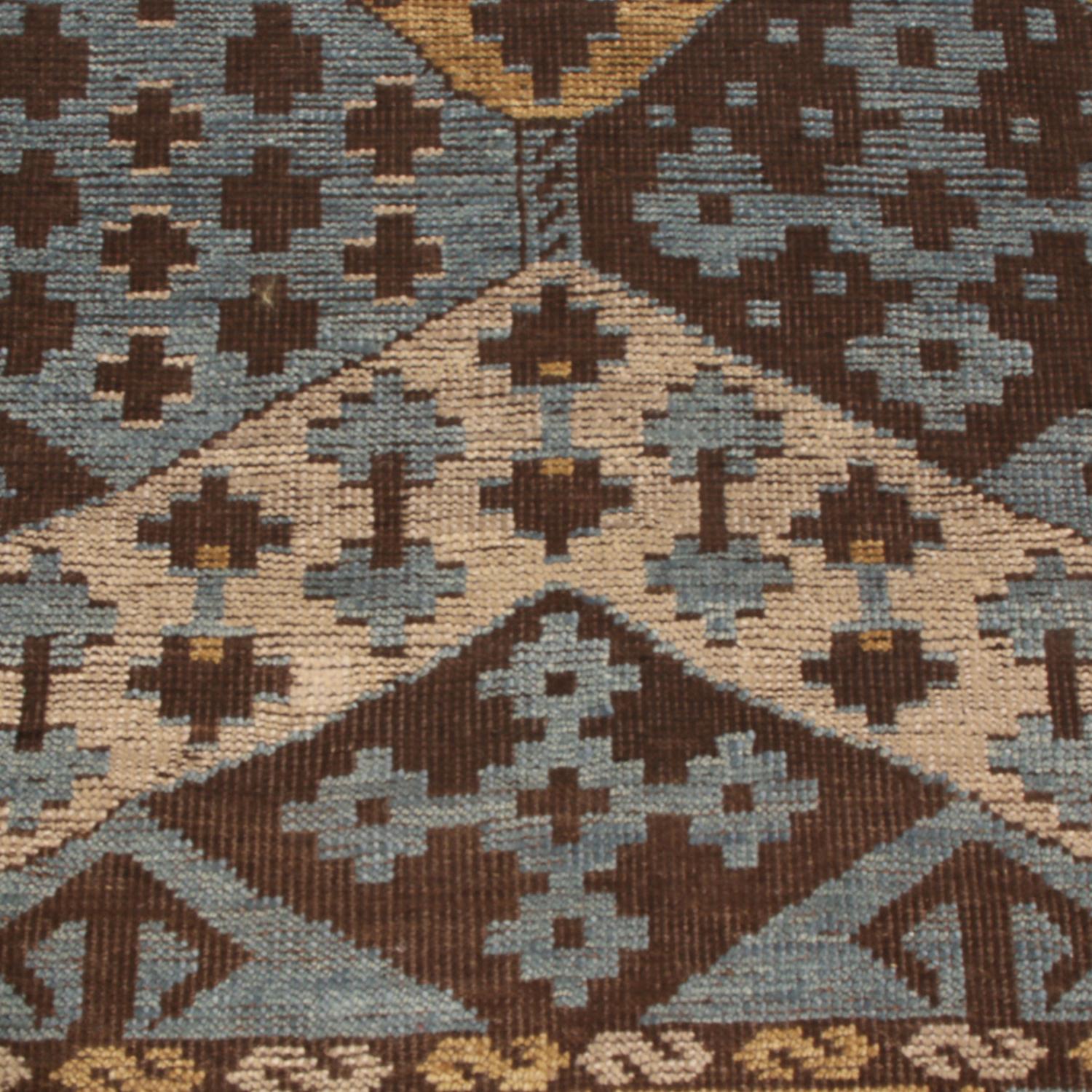 Hand-Knotted Burano Geometric Brown Beige Gold and Blue Wool Rug