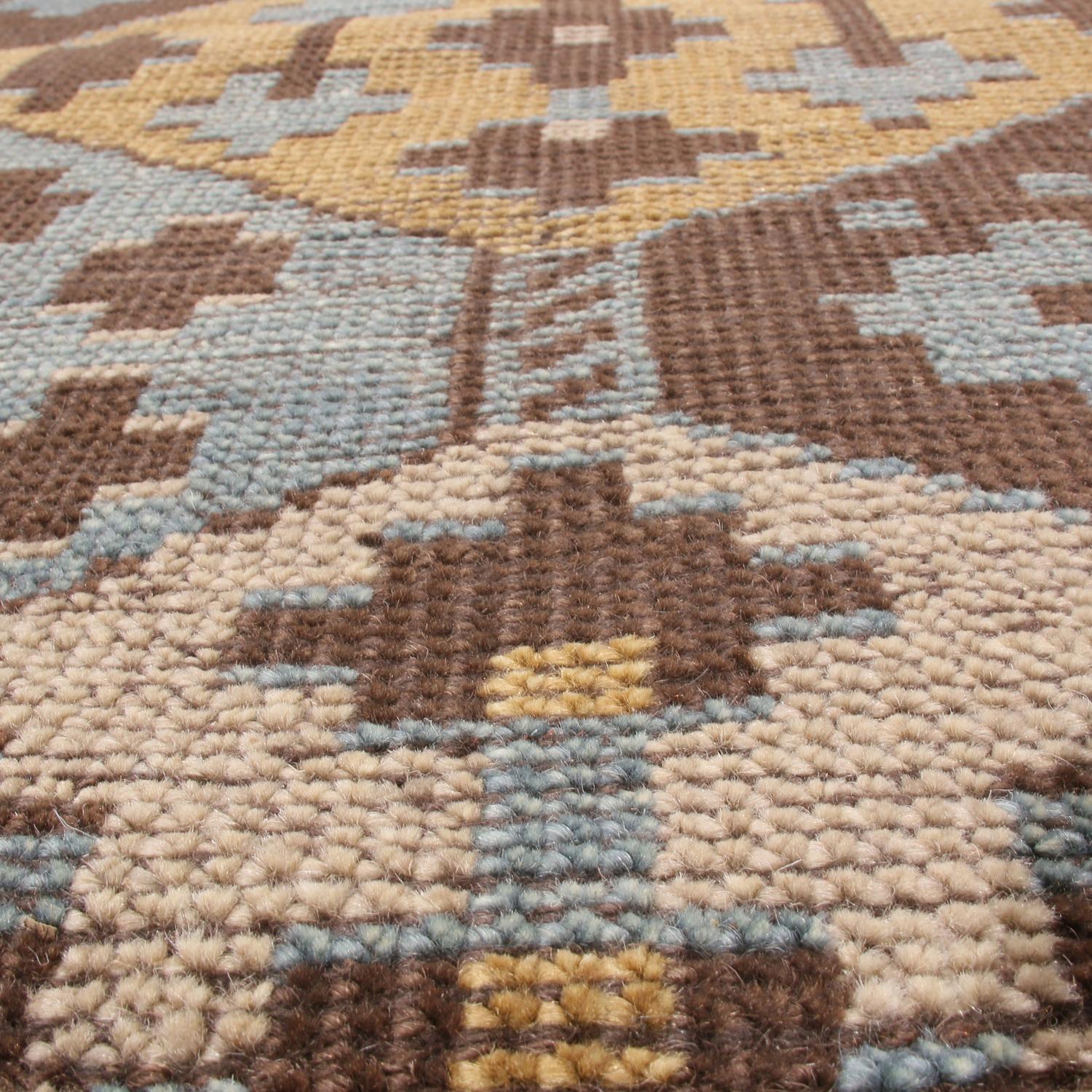 Burano Geometric Brown Beige Gold and Blue Wool Rug In New Condition In Long Island City, NY