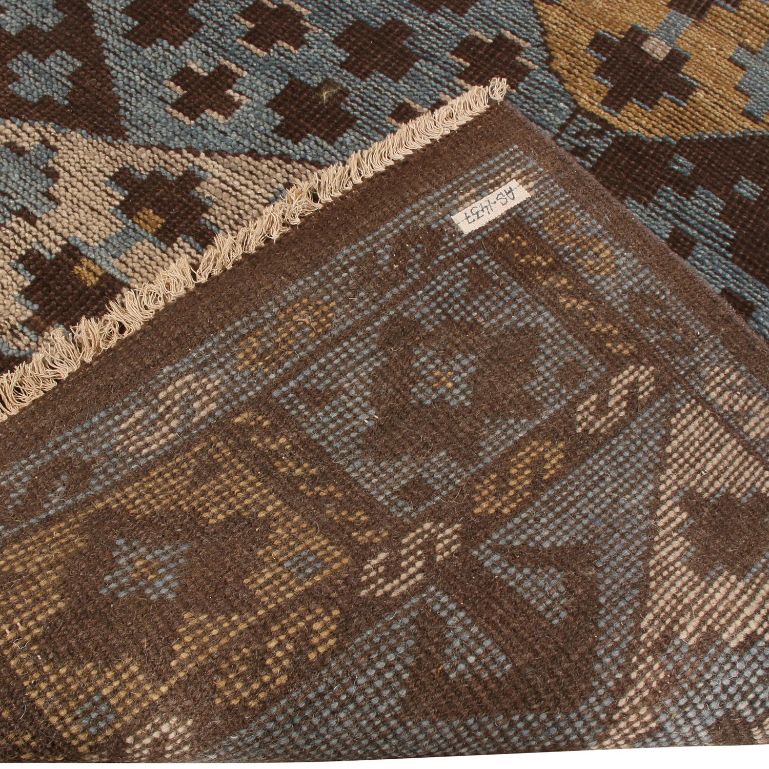 Contemporary Burano Geometric Brown Beige Gold and Blue Wool Rug