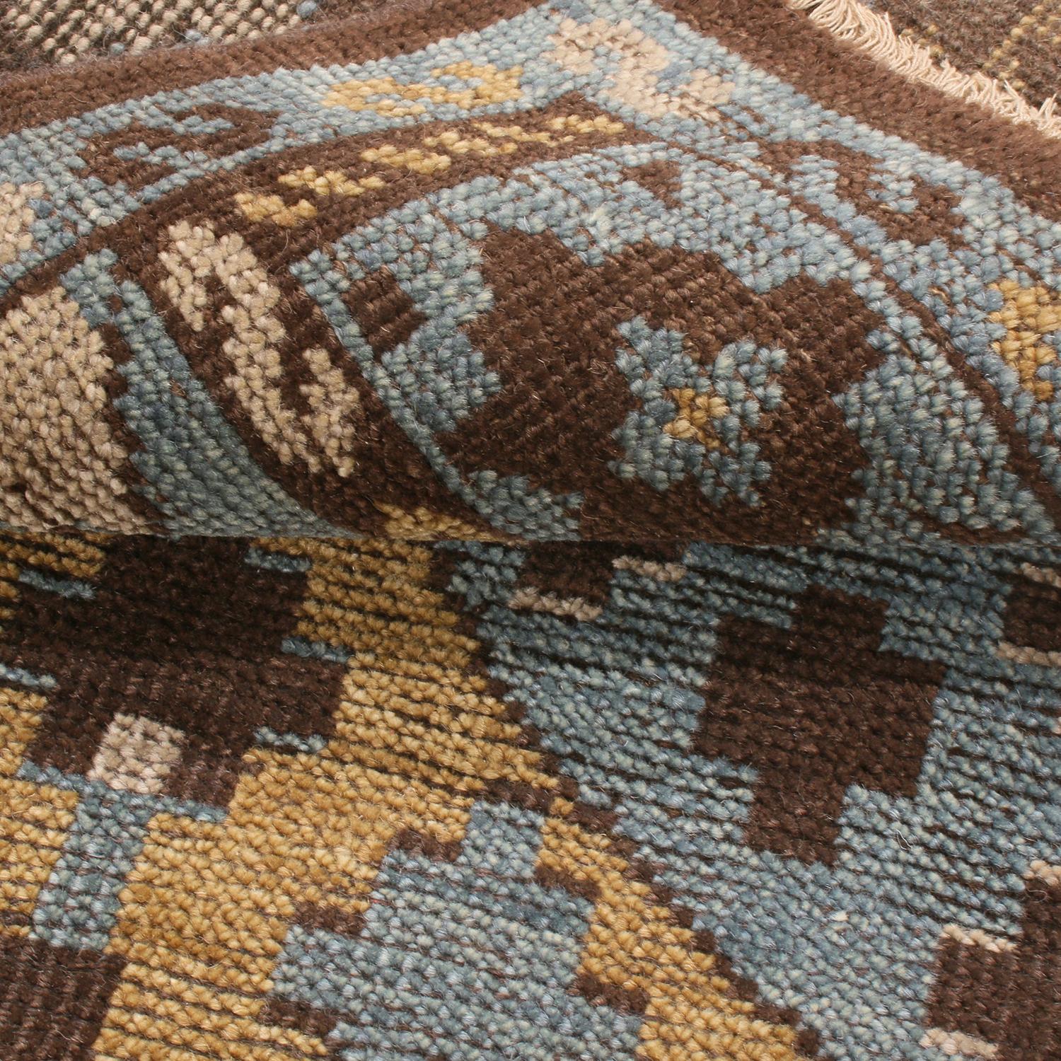 Rug & Kilim's Burano Geometric Brown Beige Gold and Blue Wool Rug For Sale 1