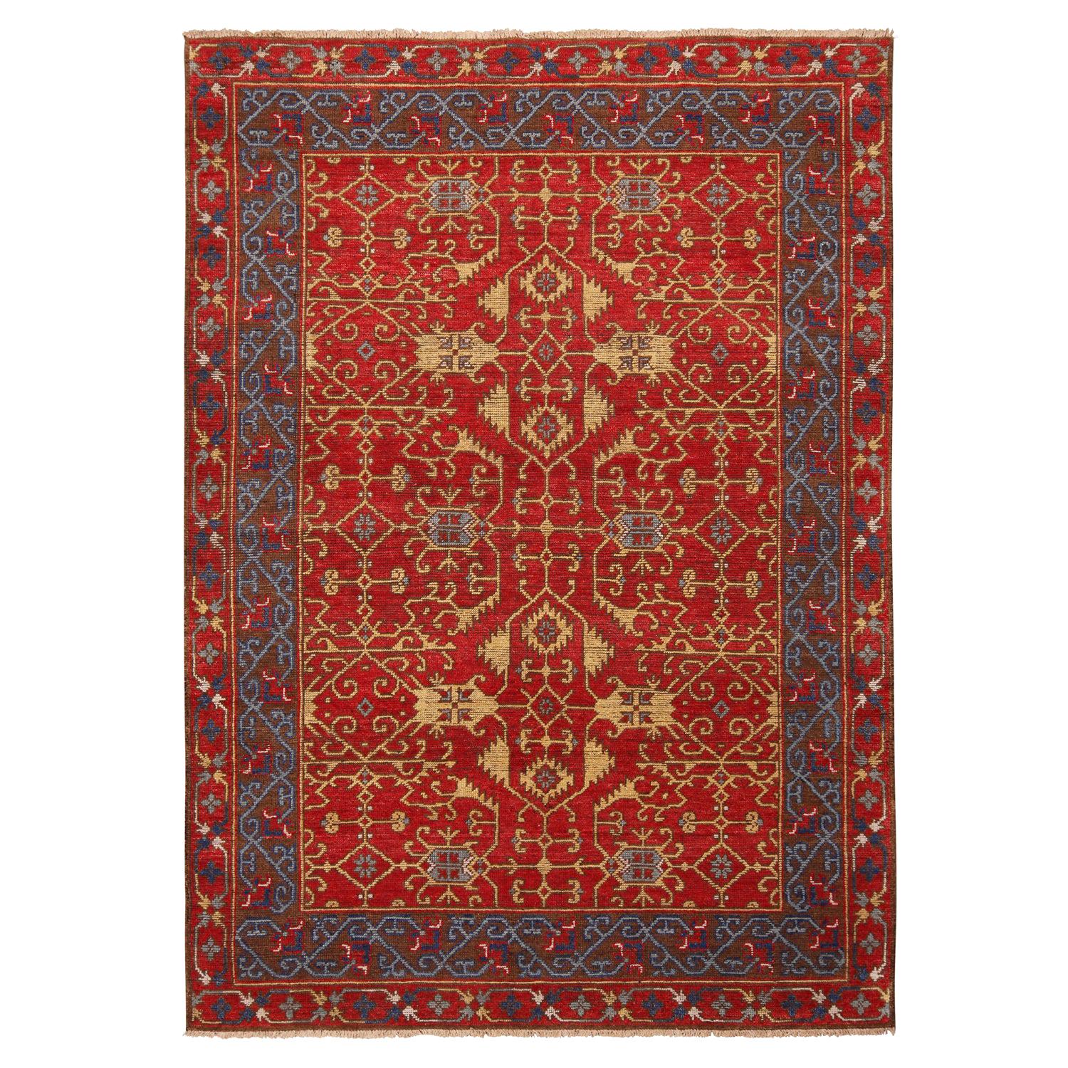 Burano Geometrischer Wollteppich in Rot und Blau mit beigefarbenen Feldakzenten