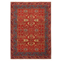 Burano Geometrischer Wollteppich in Rot und Blau mit beigefarbenen Feldakzenten