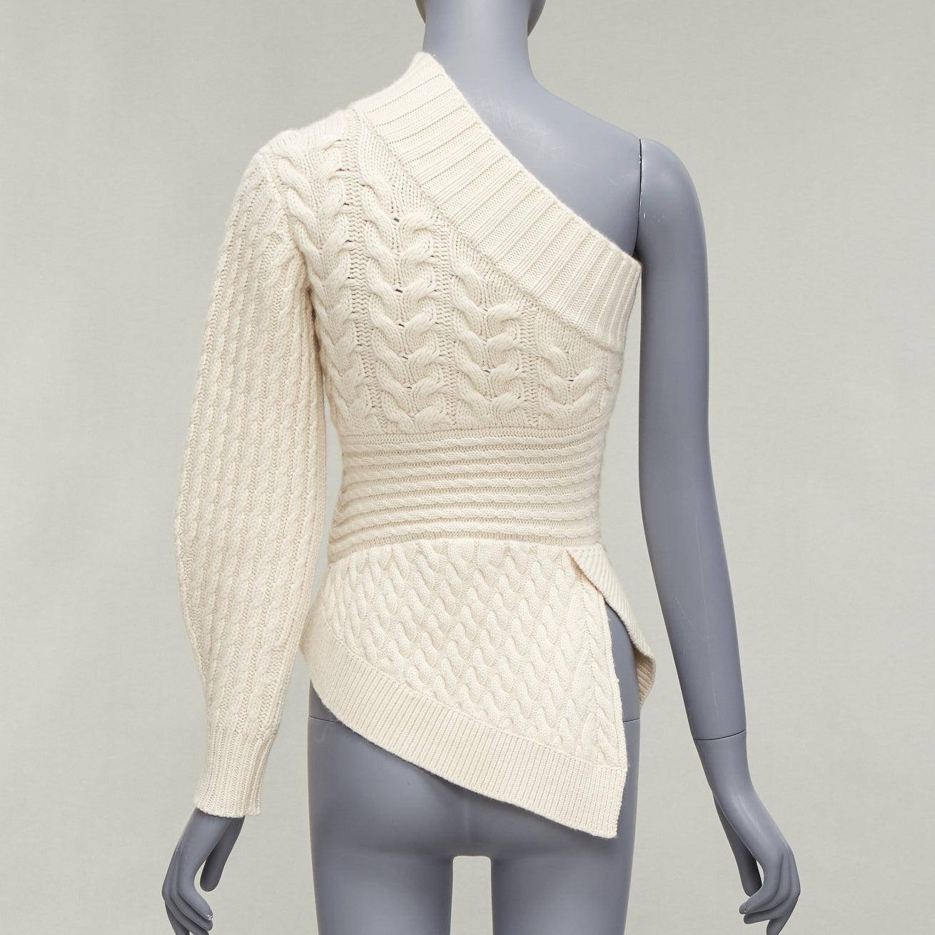 BURBERRY 100% cashmere cream one shoulder mixed cable knit pullover sweater XS For Sale 1