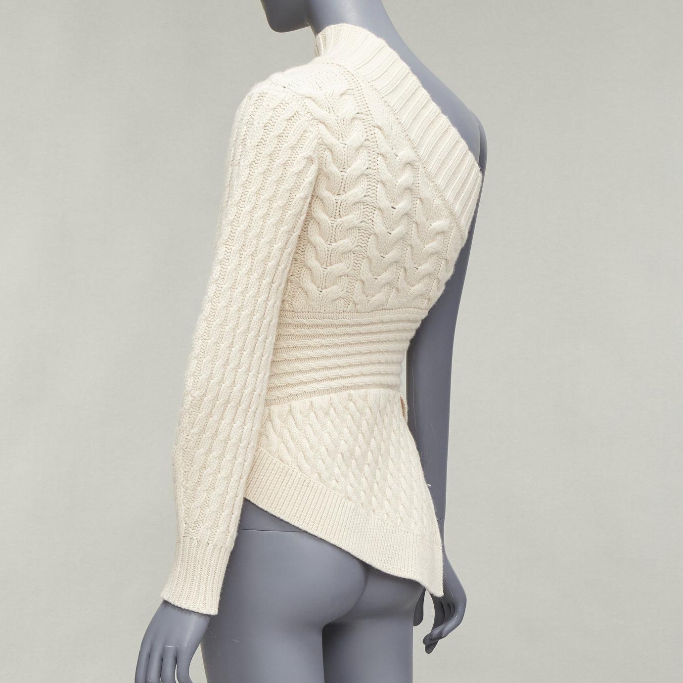 BURBERRY 100% cashmere cream one shoulder mixed cable knit pullover sweater XS For Sale 2