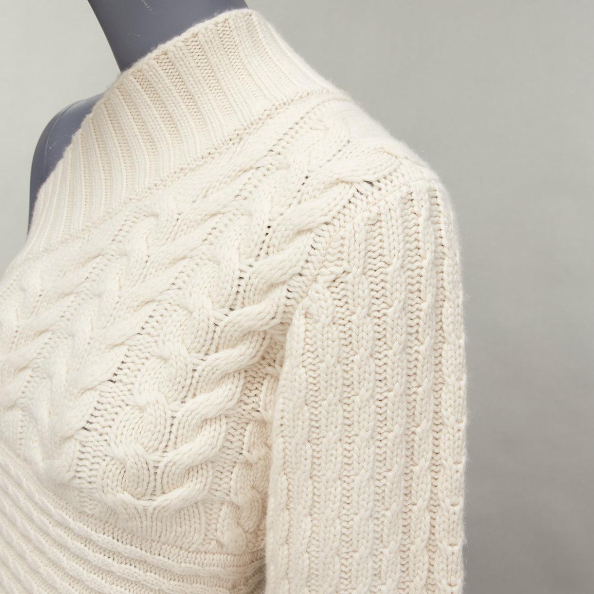 BURBERRY 100% cashmere cream one shoulder mixed cable knit pullover sweater XS For Sale 3