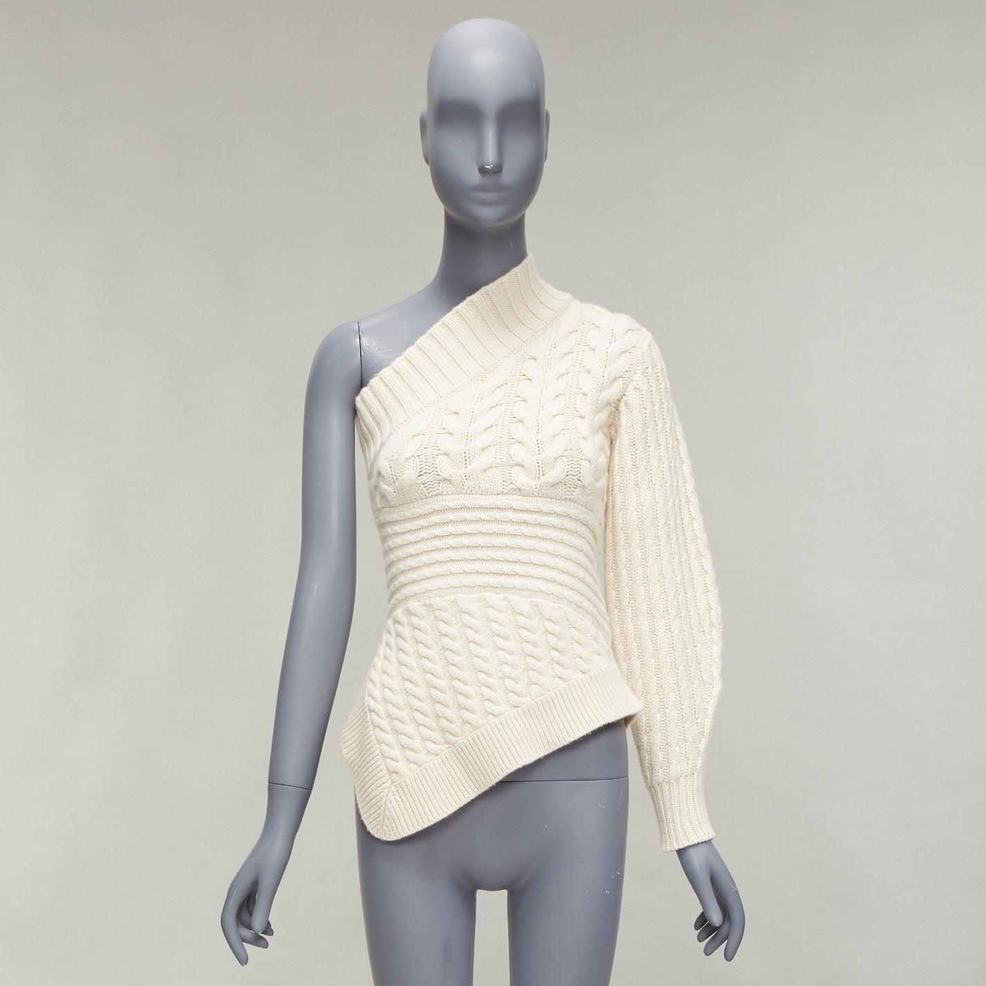 BURBERRY 100% cashmere cream one shoulder mixed cable knit pullover sweater XS For Sale 5