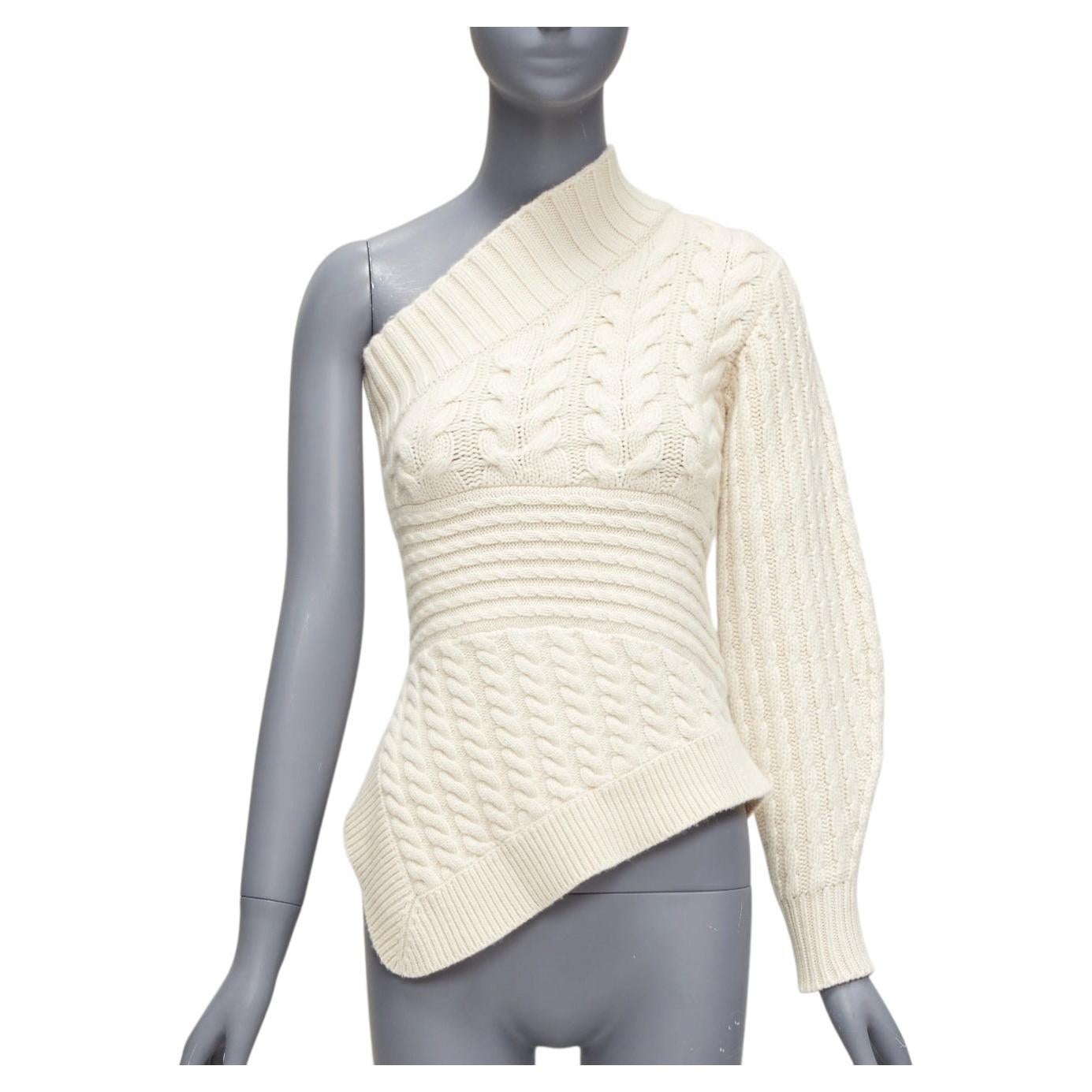 BURBERRY 100% Kaschmir Cremefarbener Pullover mit einer Schulter und gemischter Kabelstrickjacke XS im Angebot