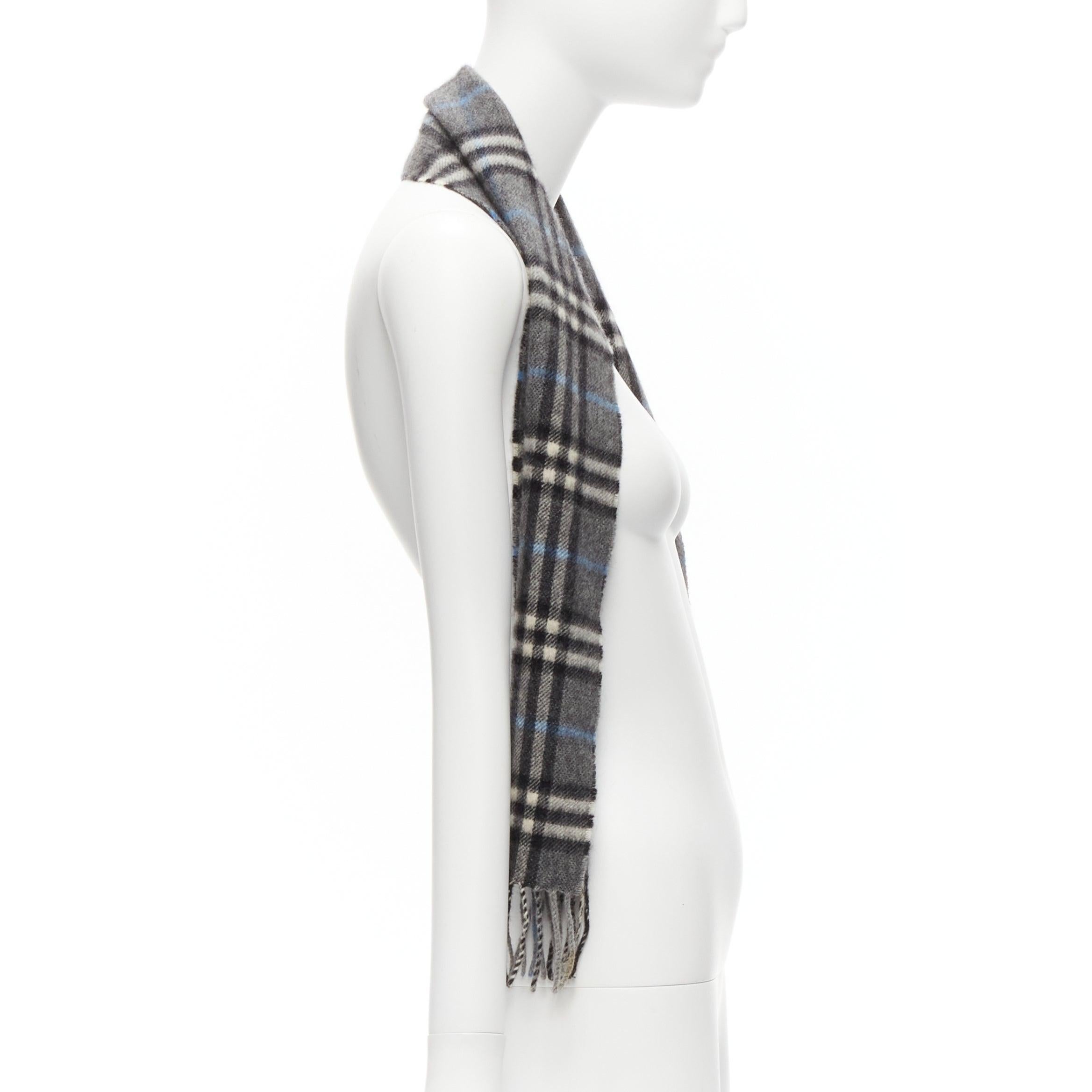 Women's BURBERRY 100% cashmere grey blue House Check long fringe scarf