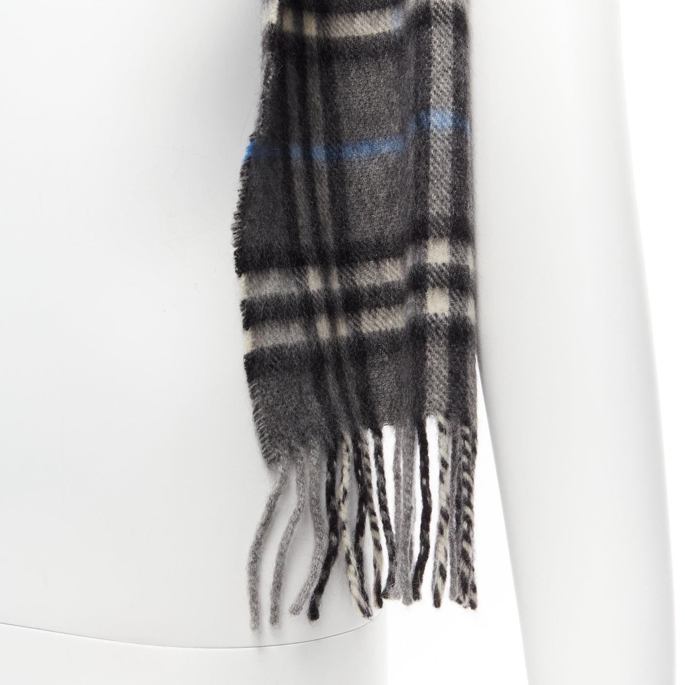 BURBERRY 100% cashmere grey blue House Check long fringe scarf 3