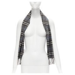BURBERRY 100% cashmere grey blue House Check long fringe scarf