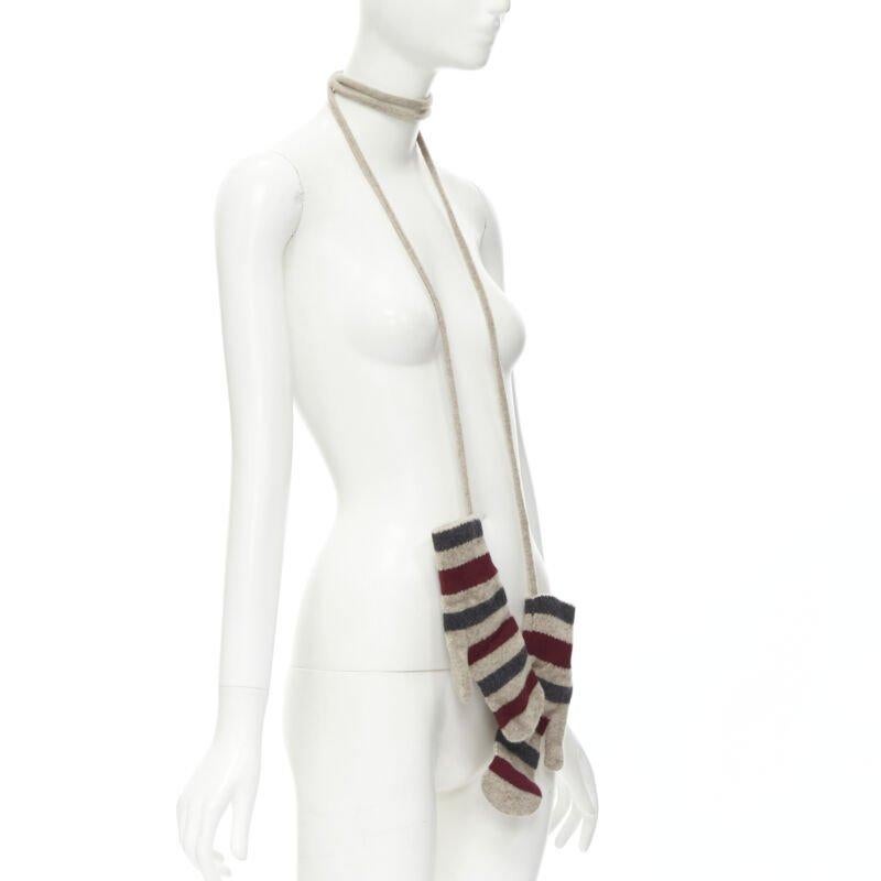Gray BURBERRY 100% lambs wool red black beige striped mitten glove on string For Sale