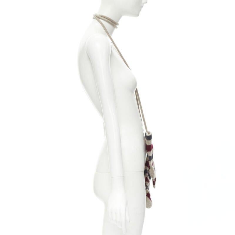 BURBERRY 100% lambs wool red black beige striped mitten glove on string In Excellent Condition For Sale In Hong Kong, NT