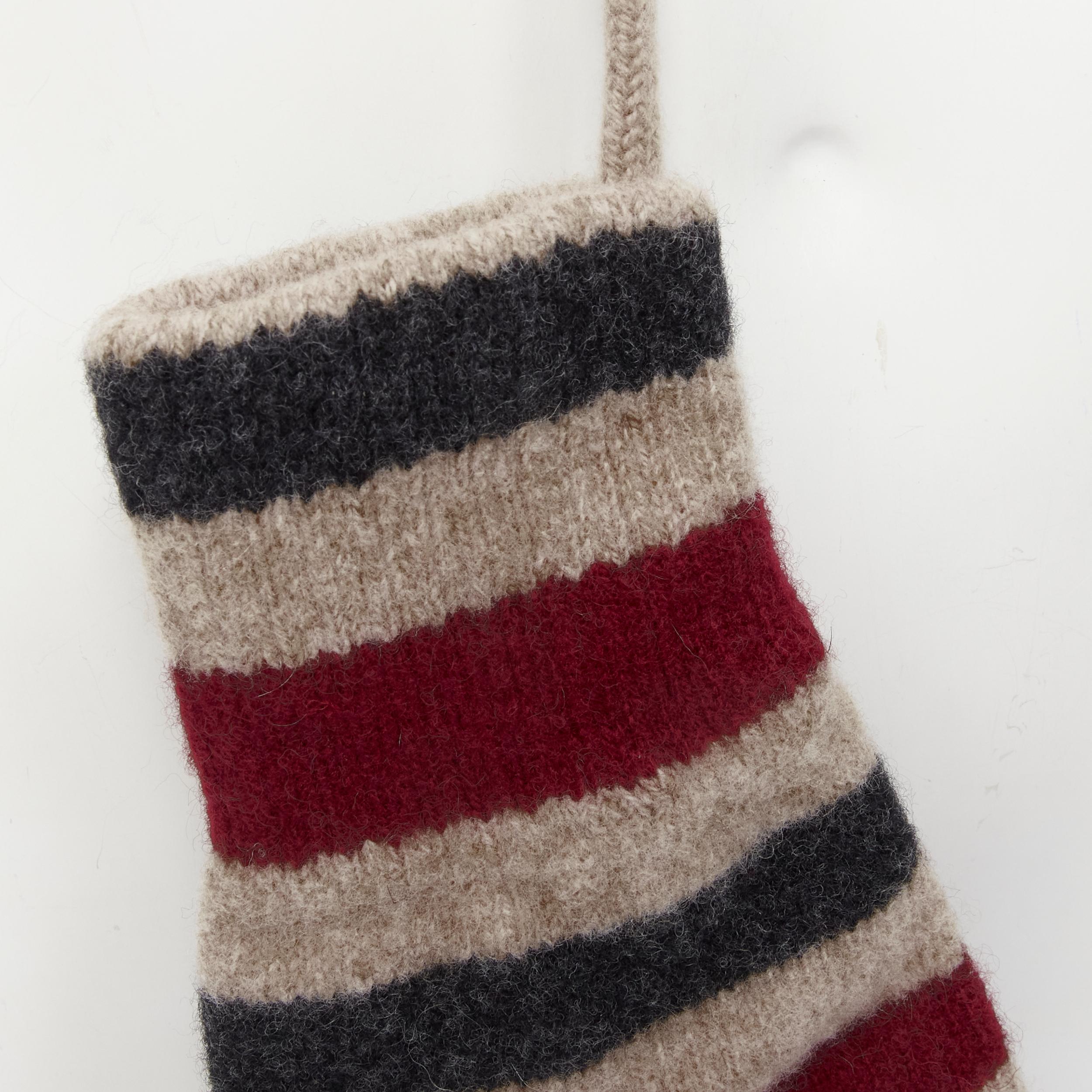Women's BURBERRY 100% lambs wool red black beige striped mitten glove on string For Sale