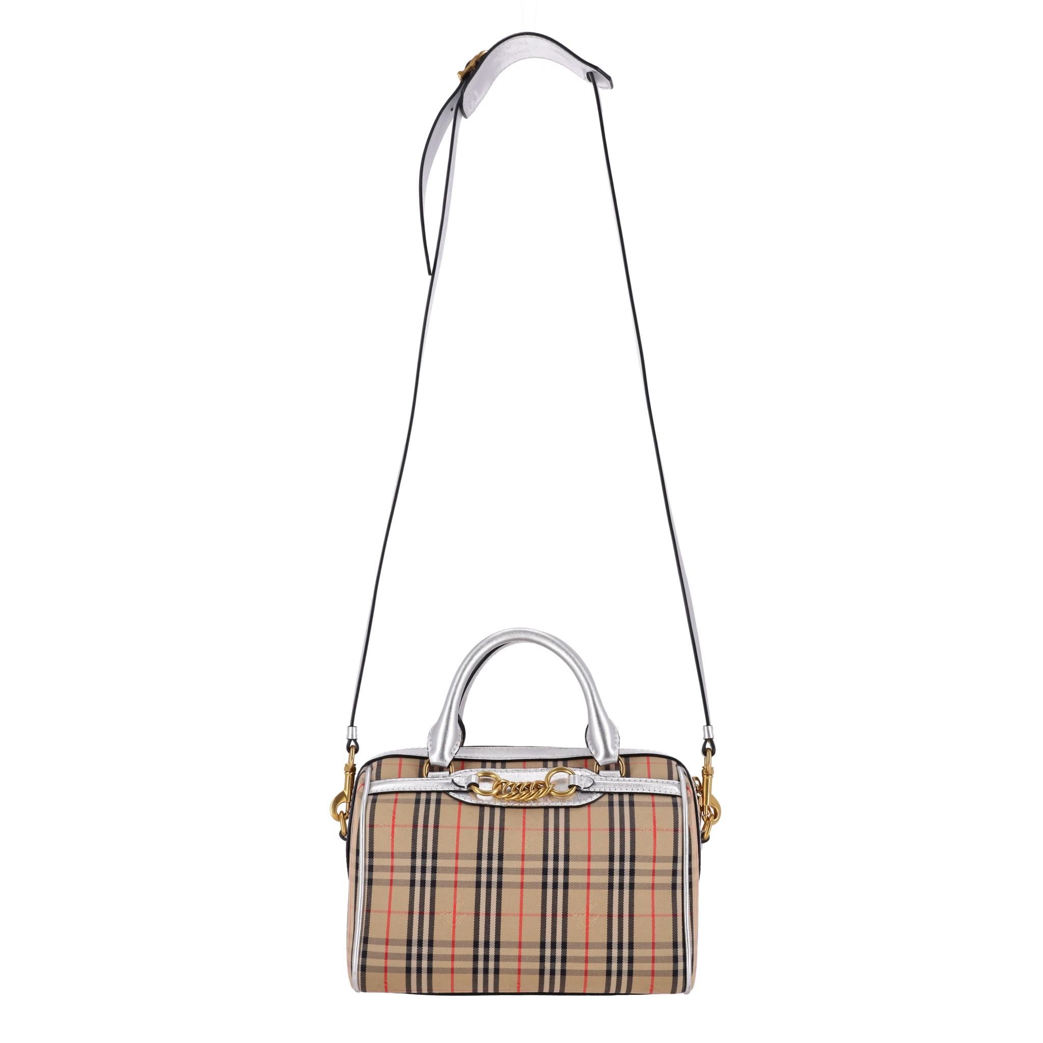 Brown Burberry 1983 Nova Check Chain Link Bowling Bag For Sale