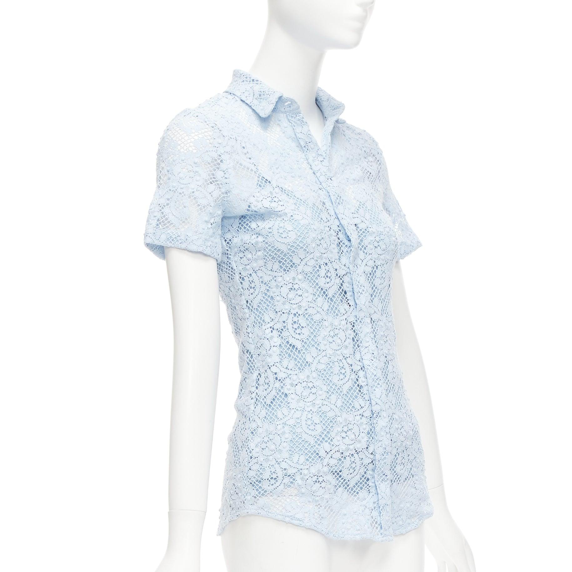 BURBERRY 2014 Runway baby blue floral lace short sleeve dress shirt IT36 XXS In Excellent Condition For Sale In Hong Kong, NT