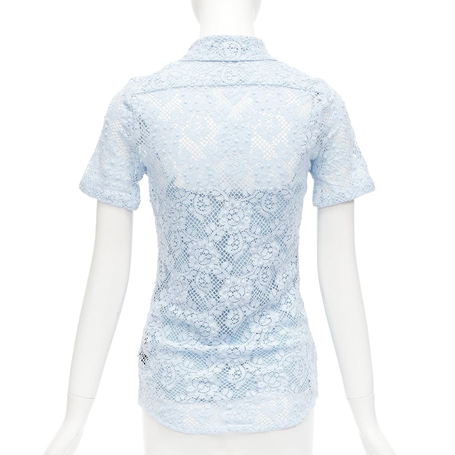 BURBERRY 2014 Runway baby blue floral lace short sleeve dress shirt IT36 XXS For Sale 1