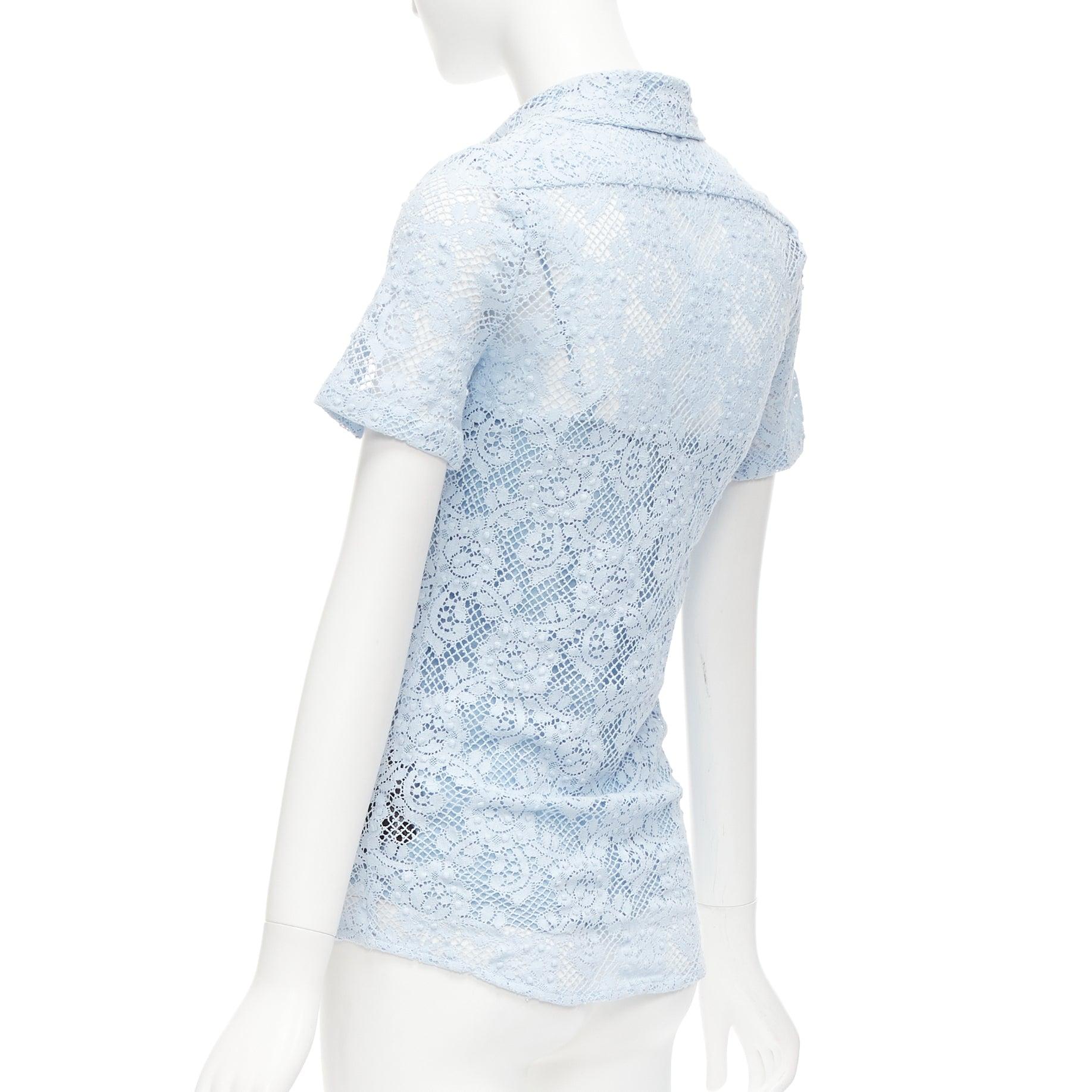 BURBERRY 2014 Runway baby blue floral lace short sleeve dress shirt IT36 XXS For Sale 2