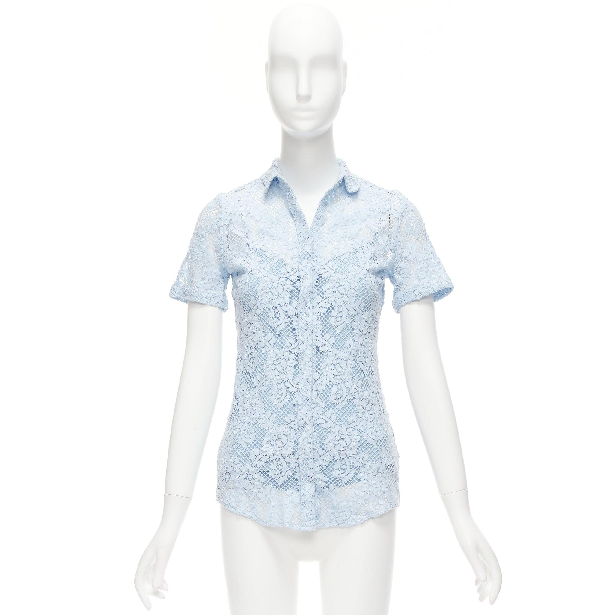 BURBERRY 2014 Runway baby blue floral lace short sleeve dress shirt IT36 XXS For Sale 5