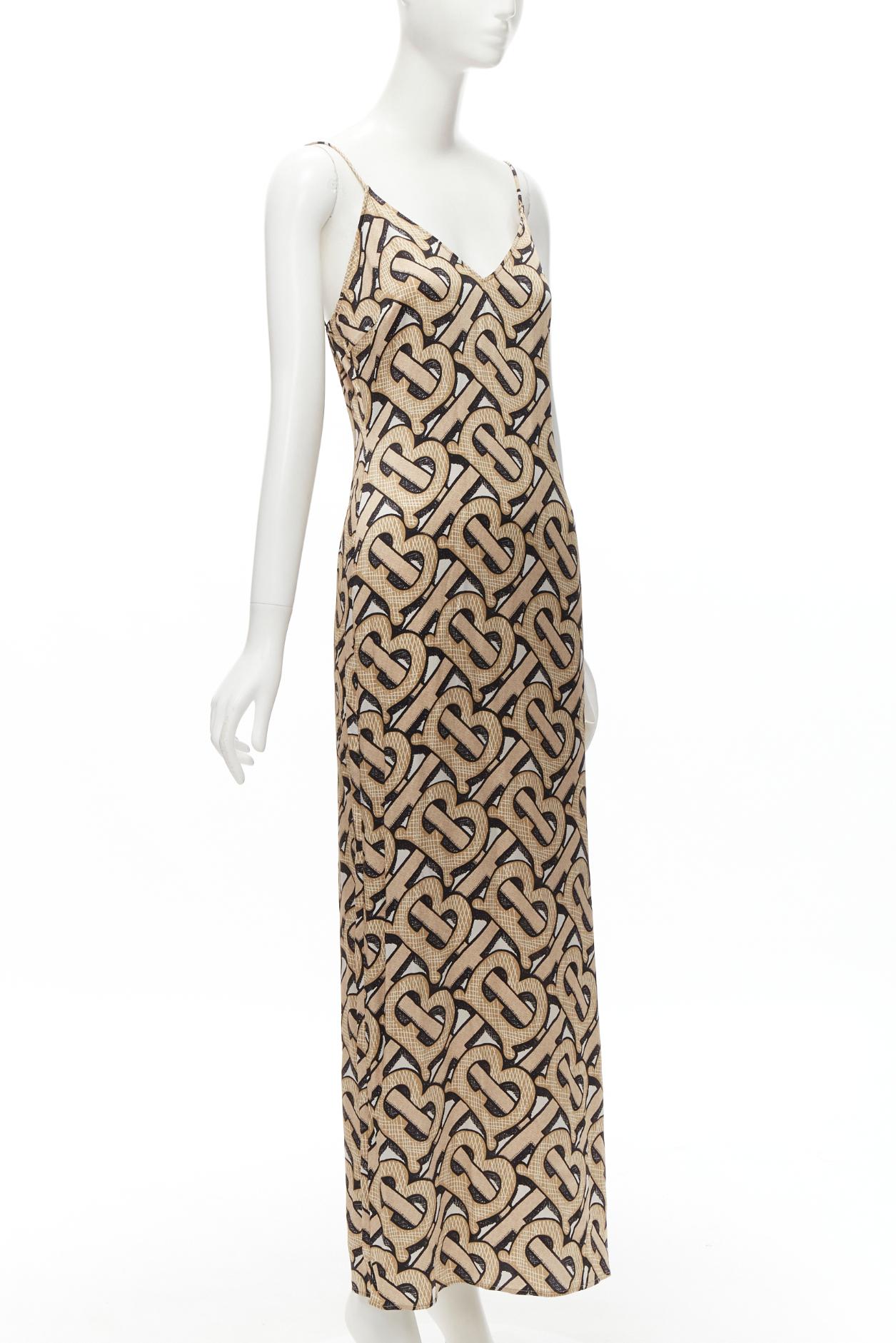 Brown BURBERRY 2020 Riccardo Tisci 100% silk TB Monogram spaghetti slip dress IT38 XS