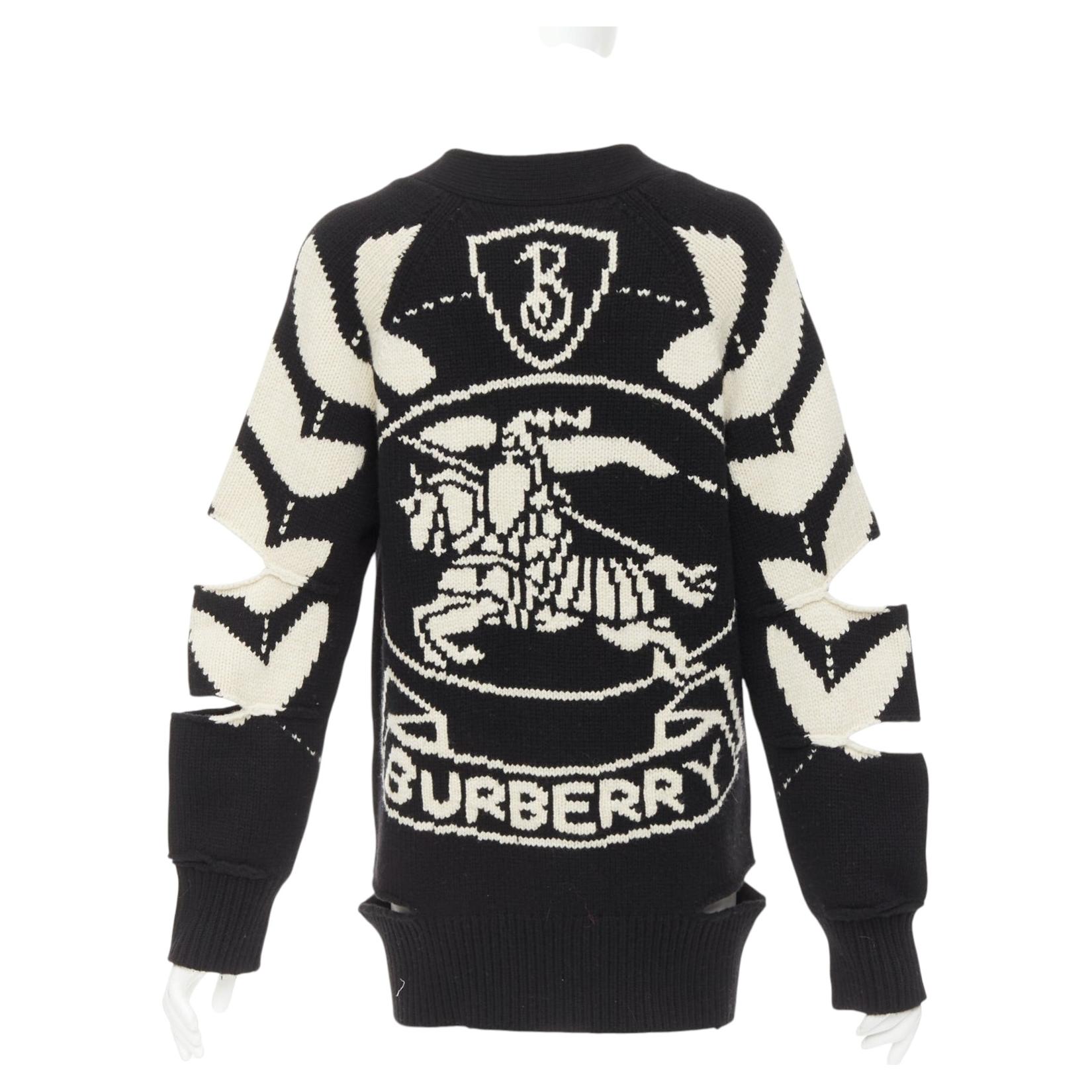 BURBERRY 2021 Nyla cream merino wool cashmere logo intarsia cut out cardigan S For Sale
