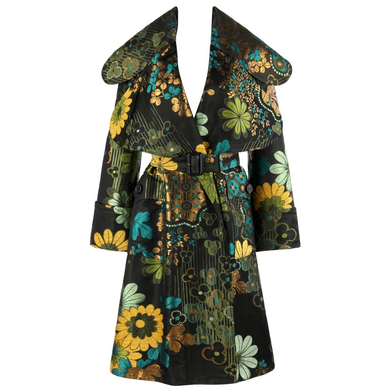 BURBERRY A/W 2016 Floral Woodblock Jacquard Dramatic Belted Wrap Trench Coat  at 1stDibs