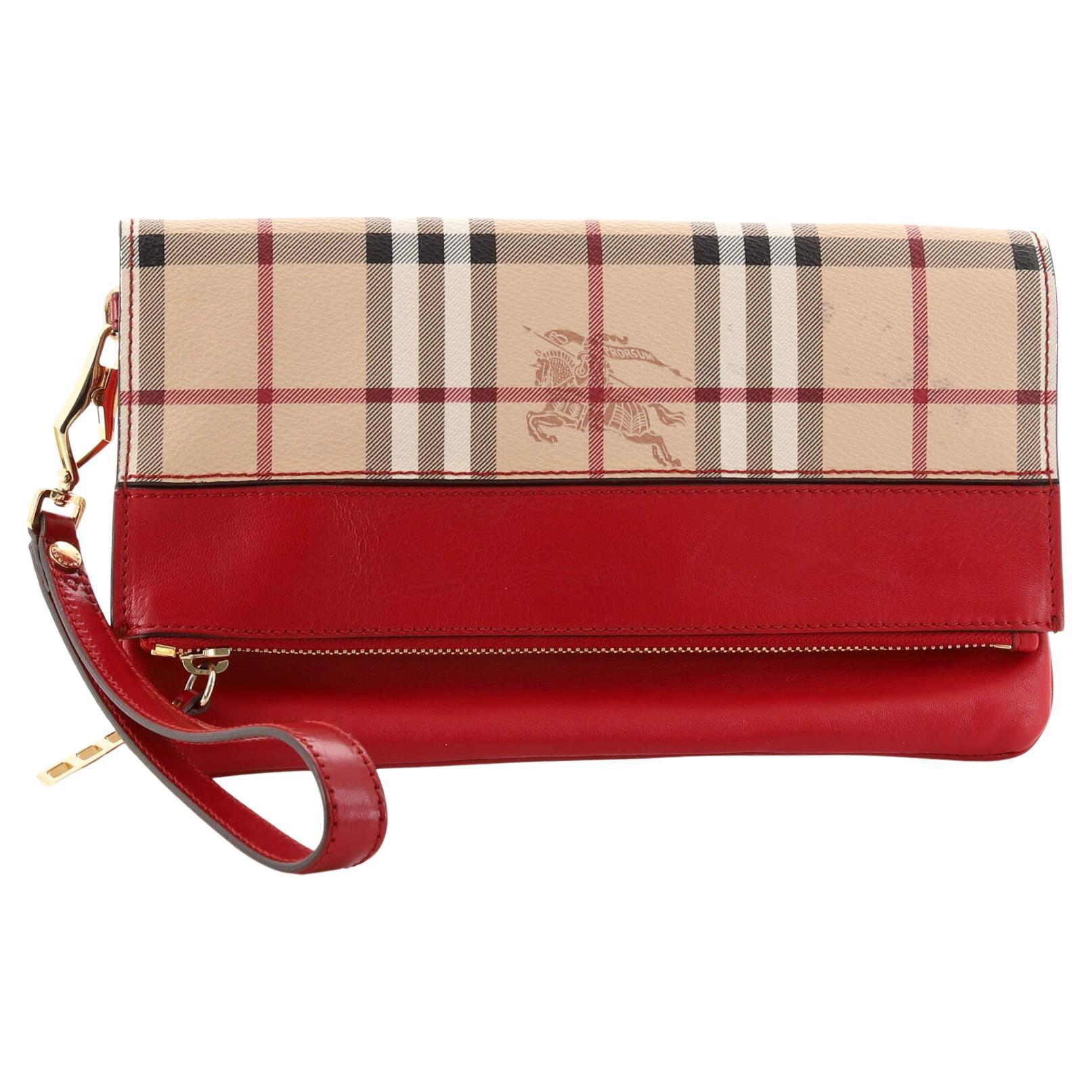 Burberry Adeline Fold Over Wristlet Clutch Haymarket Coated Canvas and L